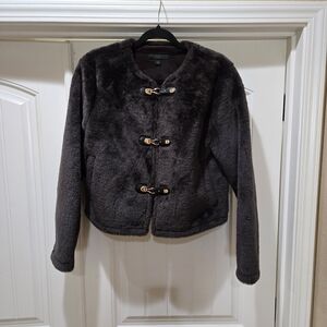 Zara Dark Grey Faux Fur Jacket with Gold Accents Size L NWOT